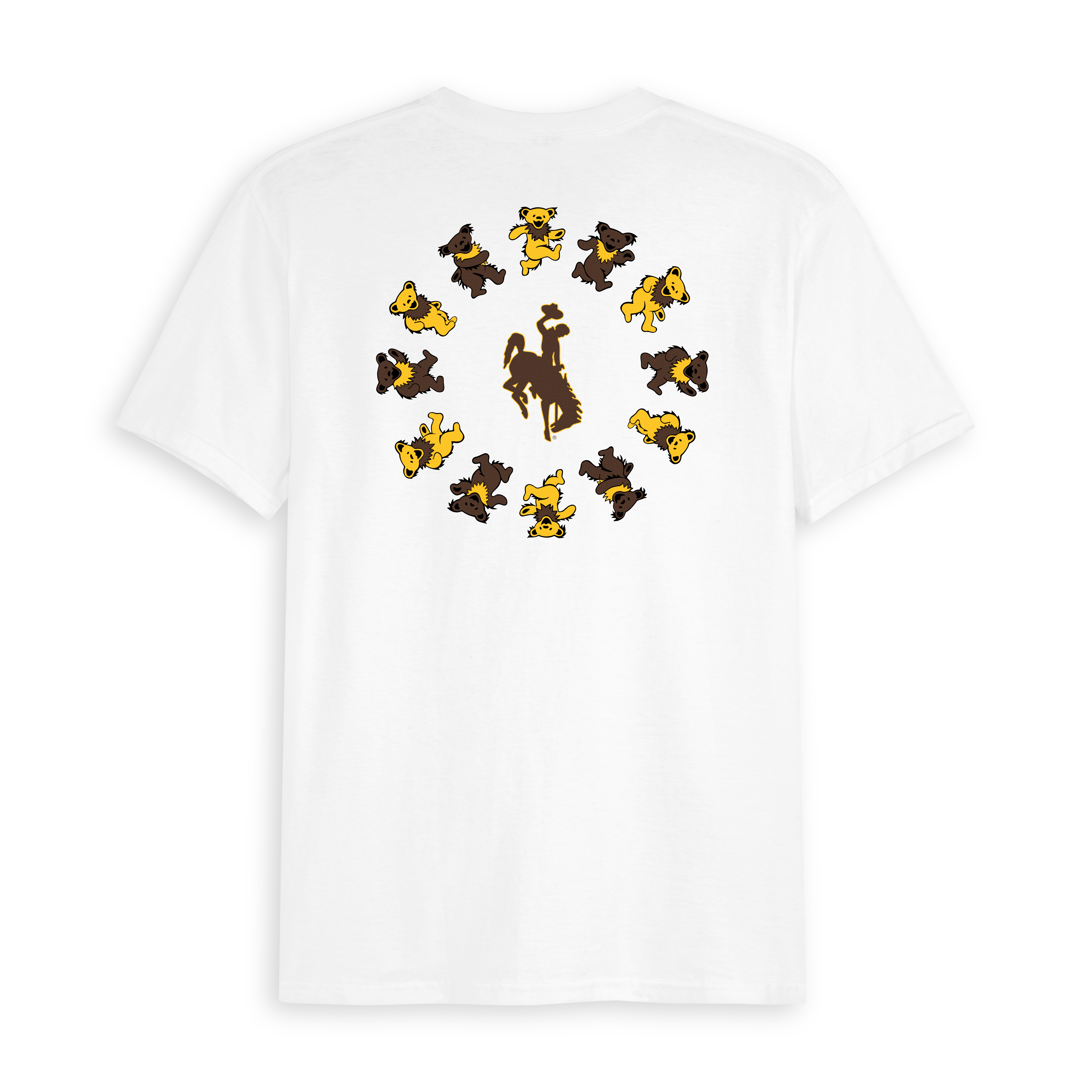 White collegiate tee with cowboy silhouette and dancing bear circle graphic. Class Trip | Officially Licensed Collegiate Apparel