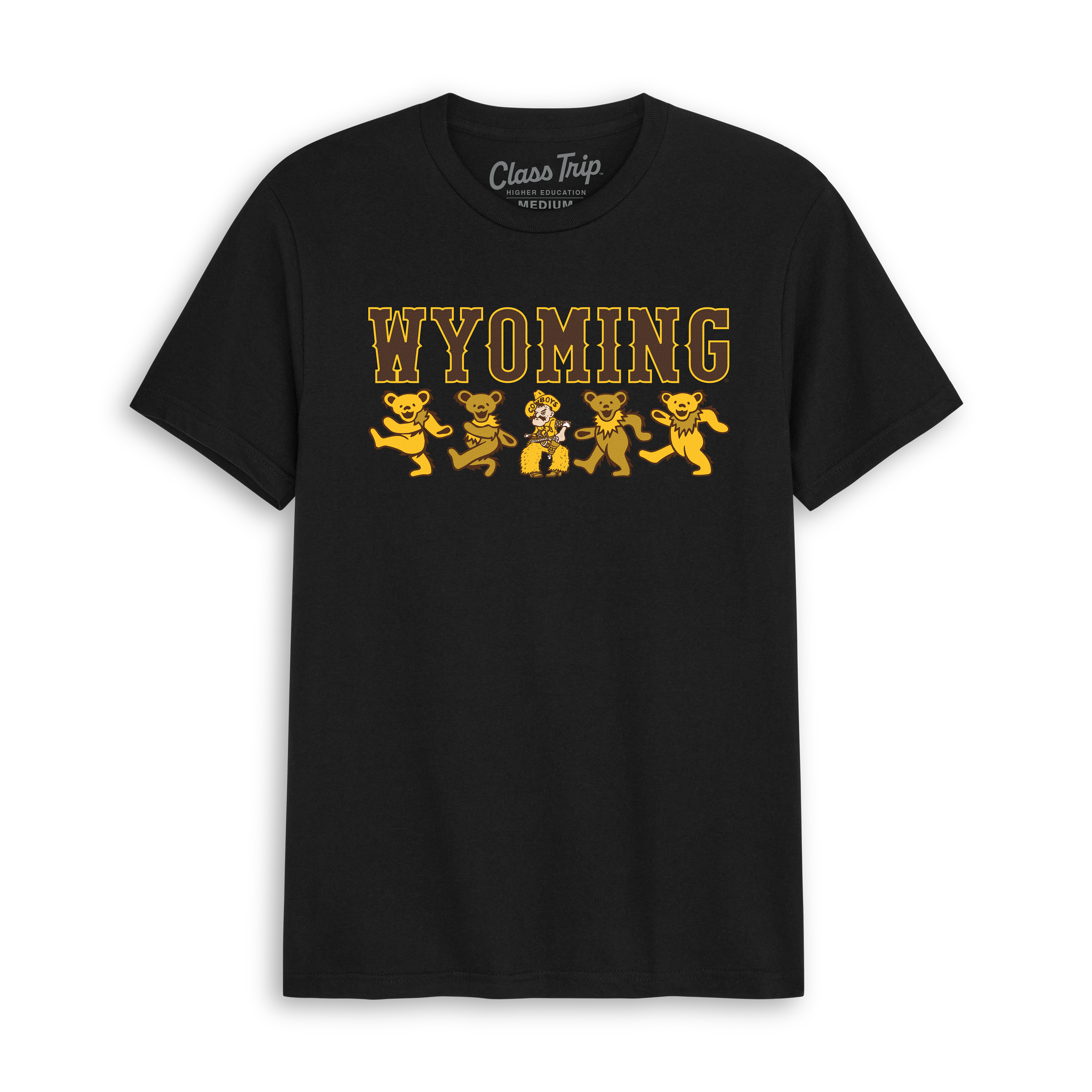 Black Wyoming collegiate t-shirt with yellow mascot bears and bold WYOMING text, Class Trip | Officially Licensed Collegiate Apparel