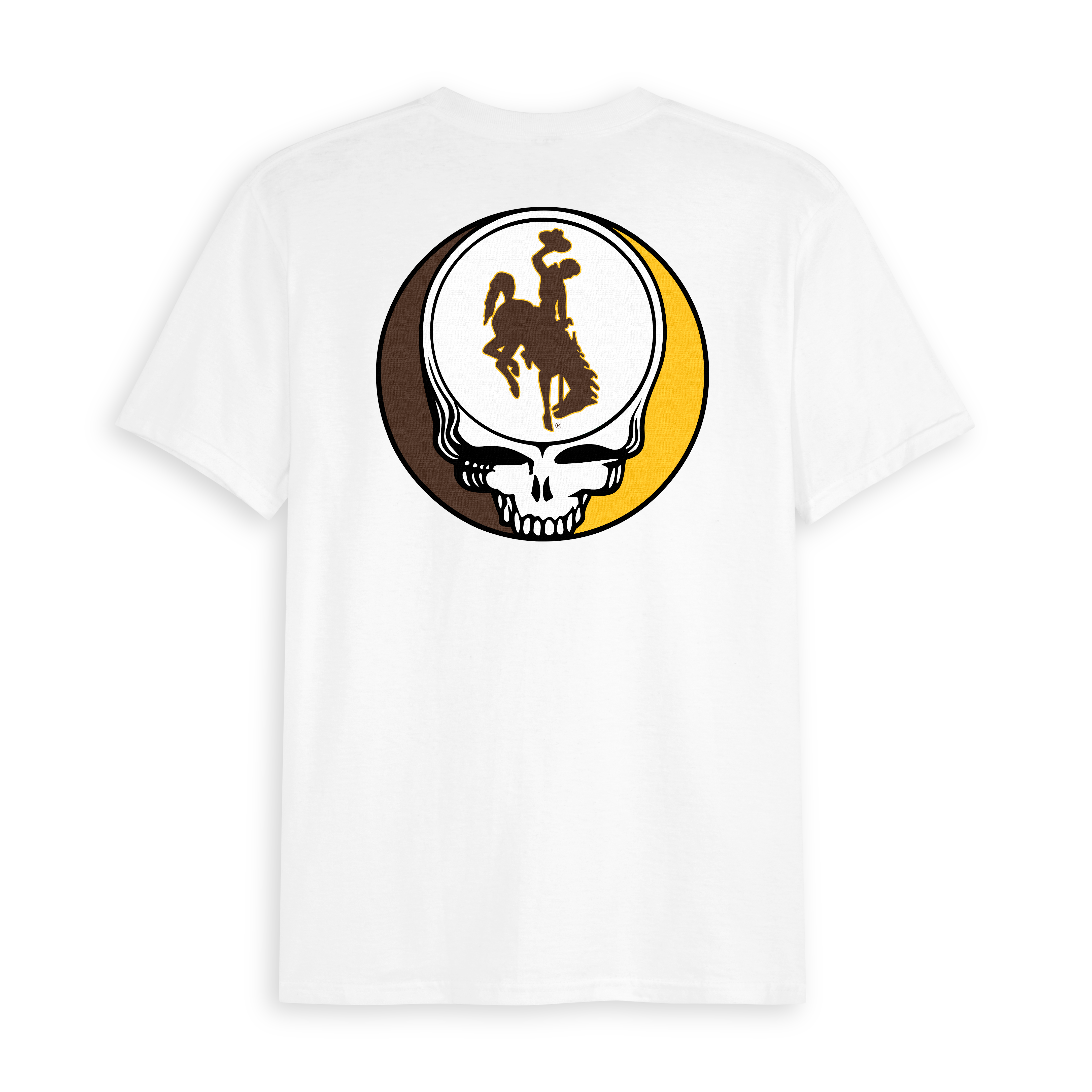 White t-shirt with brown and gold skull and cowboy graphic, Wyoming college spirit design. Class Trip | Officially Licensed Collegiate Apparel