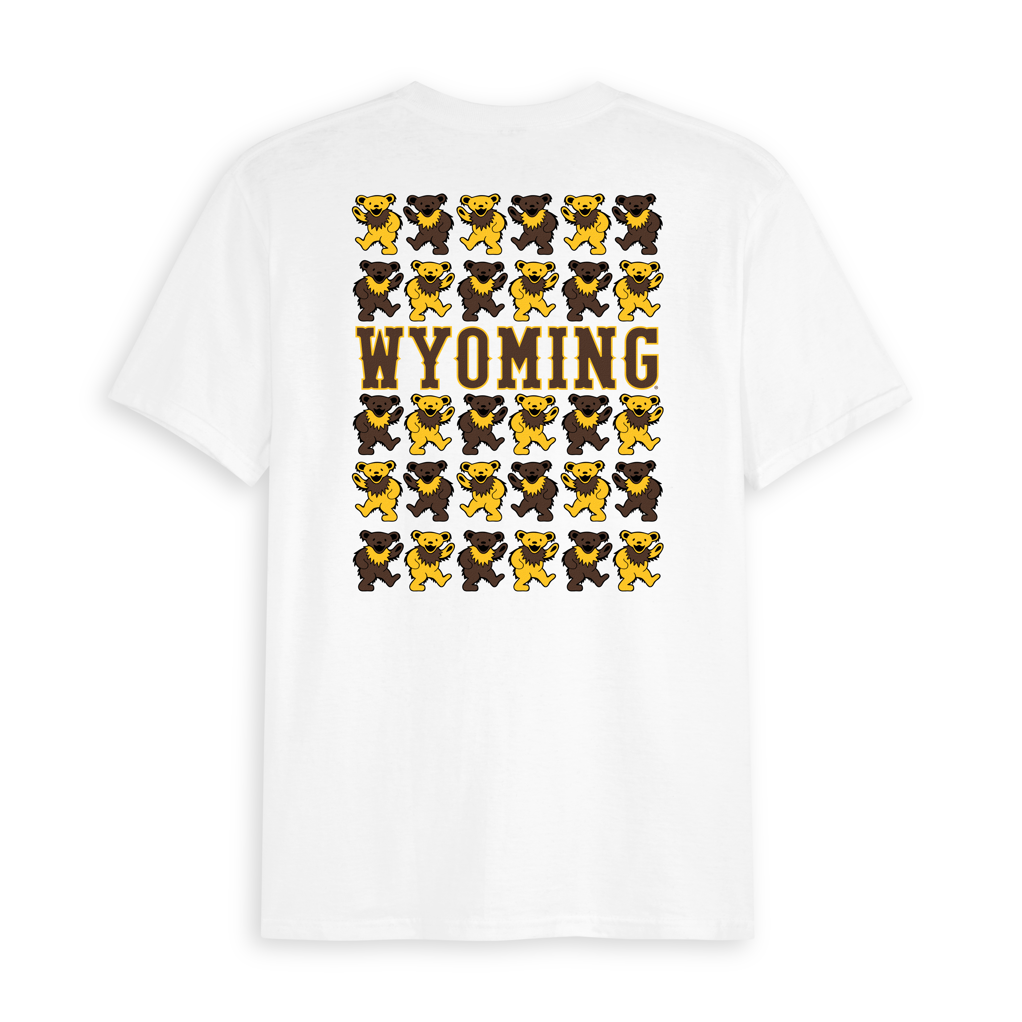 White Wyoming t-shirt with stacked yellow and brown dancing bears and bold WYOMING text, Class Trip | Officially Licensed Collegiate Apparel