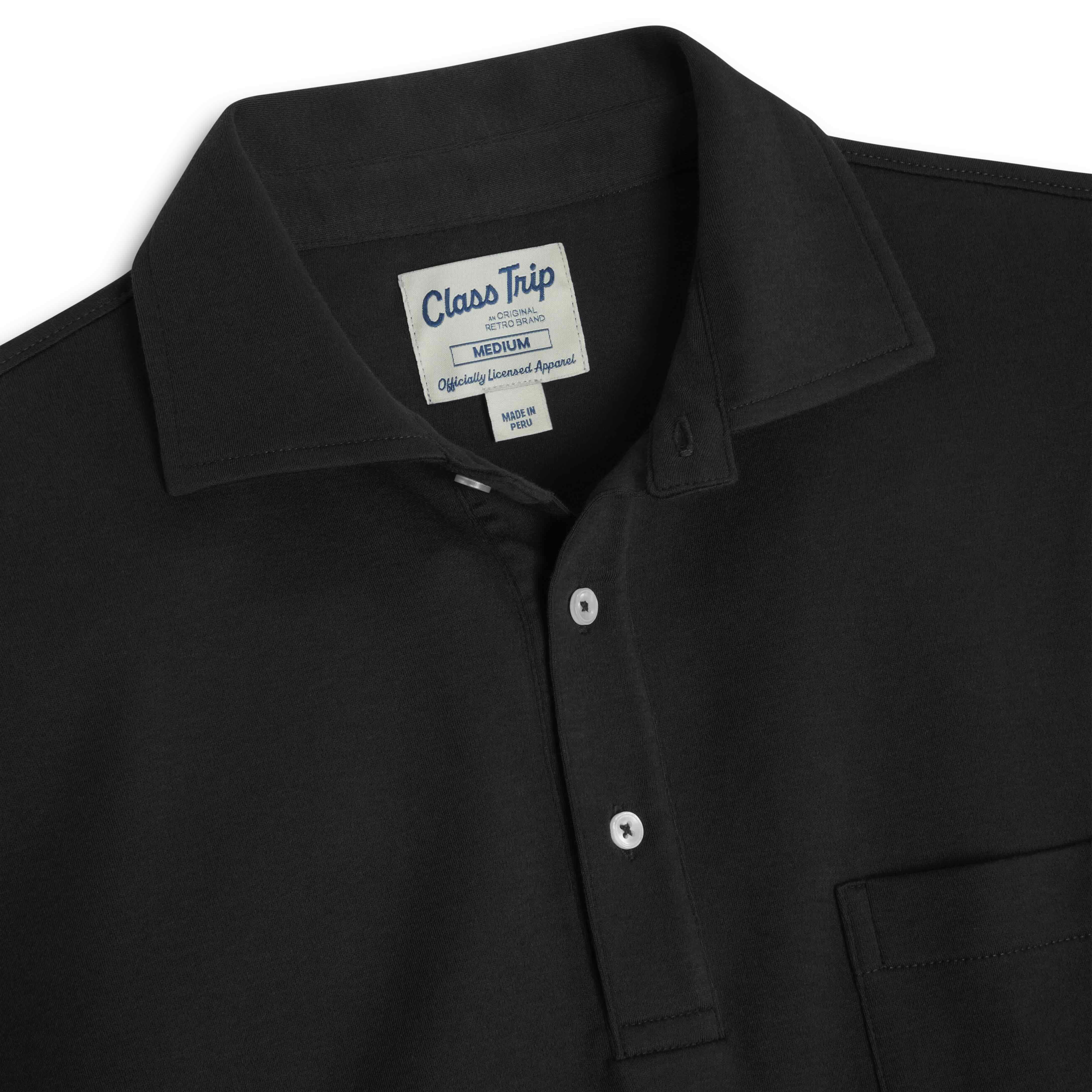Black Class Trip polo shirt with buttons and chest pocket detail | Class Trip | Officially Licensed Collegiate Apparel