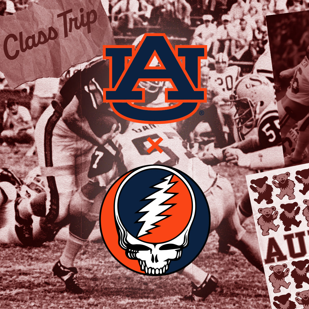 Auburn University logo and Grateful Dead skull art over vintage football scene, promoting collegiate apparel. Class Trip | Officially Licensed Collegiate Apparel