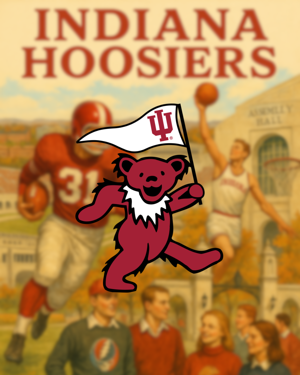 Indiana Hoosiers mascot bear holding IU flag, vintage sports scene background. Class Trip | Officially Licensed Collegiate Apparel