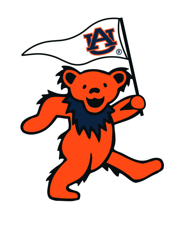 Cartoon orange bear with a blue collar holding an Auburn University flag. Class Trip | Officially Licensed Collegiate Apparel