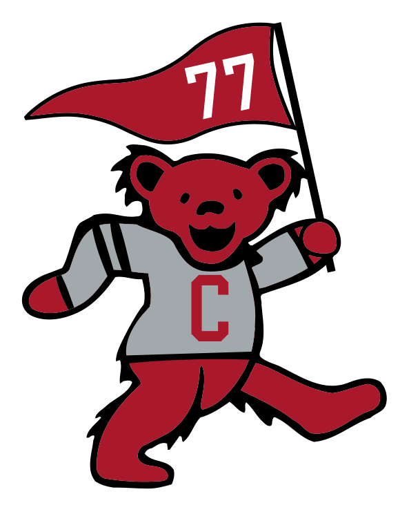Red bear mascot in gray jersey with 'C', holding flag with '77', Class Trip | Officially Licensed Collegiate Apparel