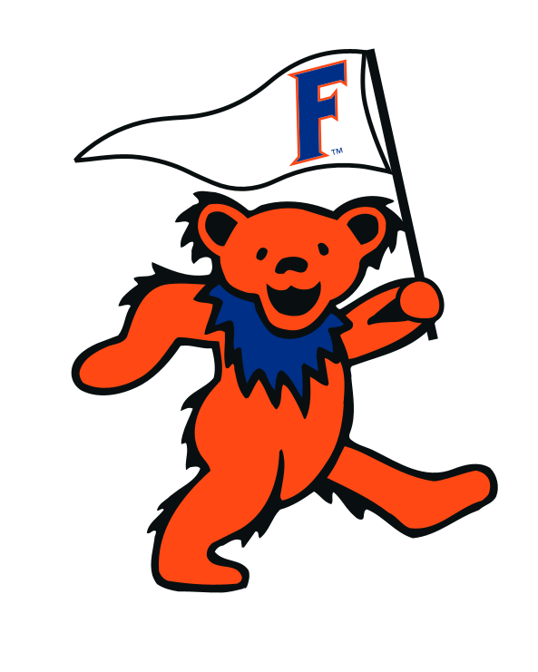 Orange bear mascot with blue collar holding white flag featuring letter F. Class Trip | Officially Licensed Collegiate Apparel