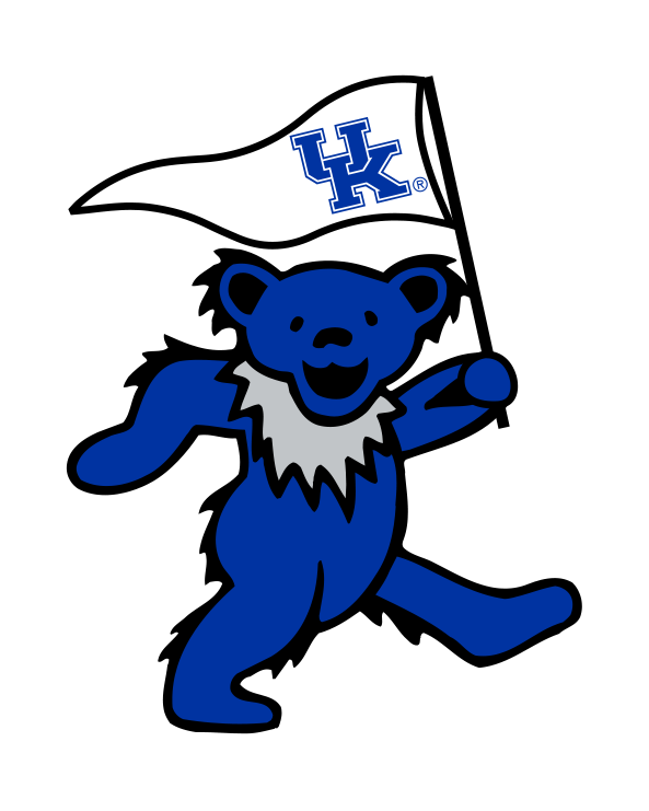 Blue cartoon bear holding UK flag, school mascot art, collegiate apparel. Class Trip | Officially Licensed Collegiate Apparel