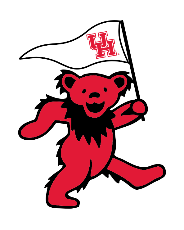 Red bear mascot holding white pennant with UH logo, Houston collegiate spirit. Class Trip | Officially Licensed Collegiate Apparel