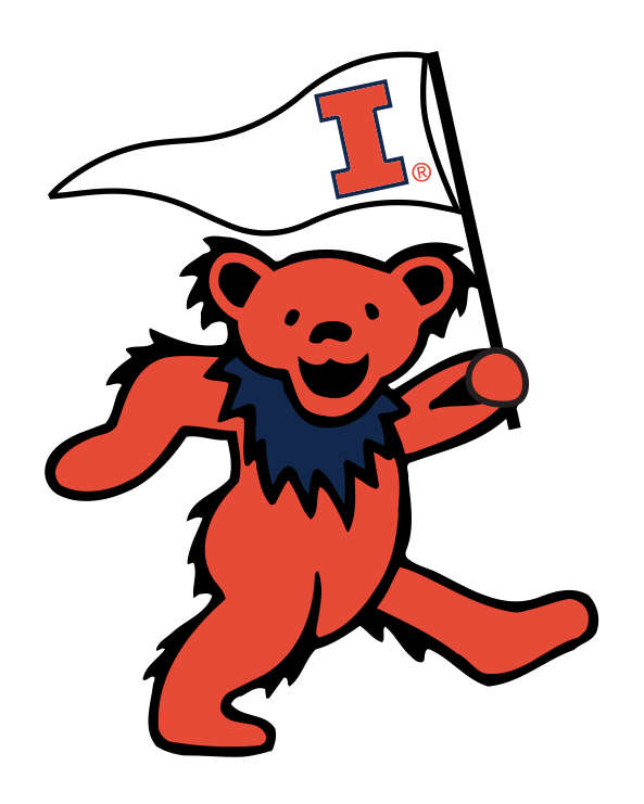 Orange bear mascot holding Illinois pennant, collegiate spirit design. Class Trip | Officially Licensed Collegiate Apparel