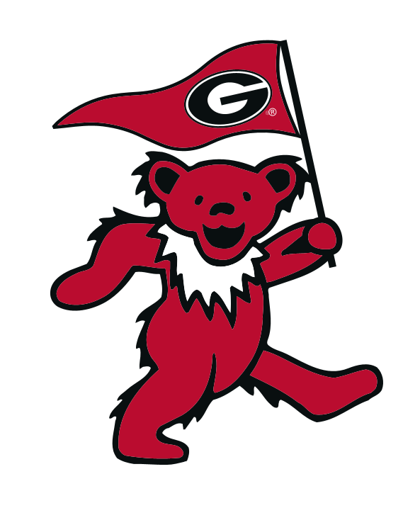 Red bear mascot holding a University of Georgia flag, collegiate apparel logo. Class Trip | Officially Licensed Collegiate Apparel