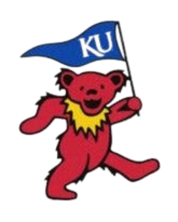 Kansas Jayhawks KU mascot logo in blue, red, and yellow on white background. Class Trip | Officially Licensed Collegiate Apparel