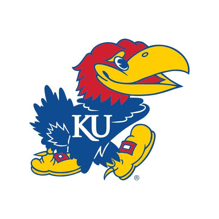Kansas Jayhawks KU mascot logo in blue, red, and yellow on white background. Class Trip | Officially Licensed Collegiate Apparel