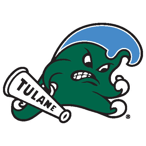 Angry green wave mascot holding a Tulane megaphone, collegiate sports logo. Class Trip | Officially Licensed Collegiate Apparel