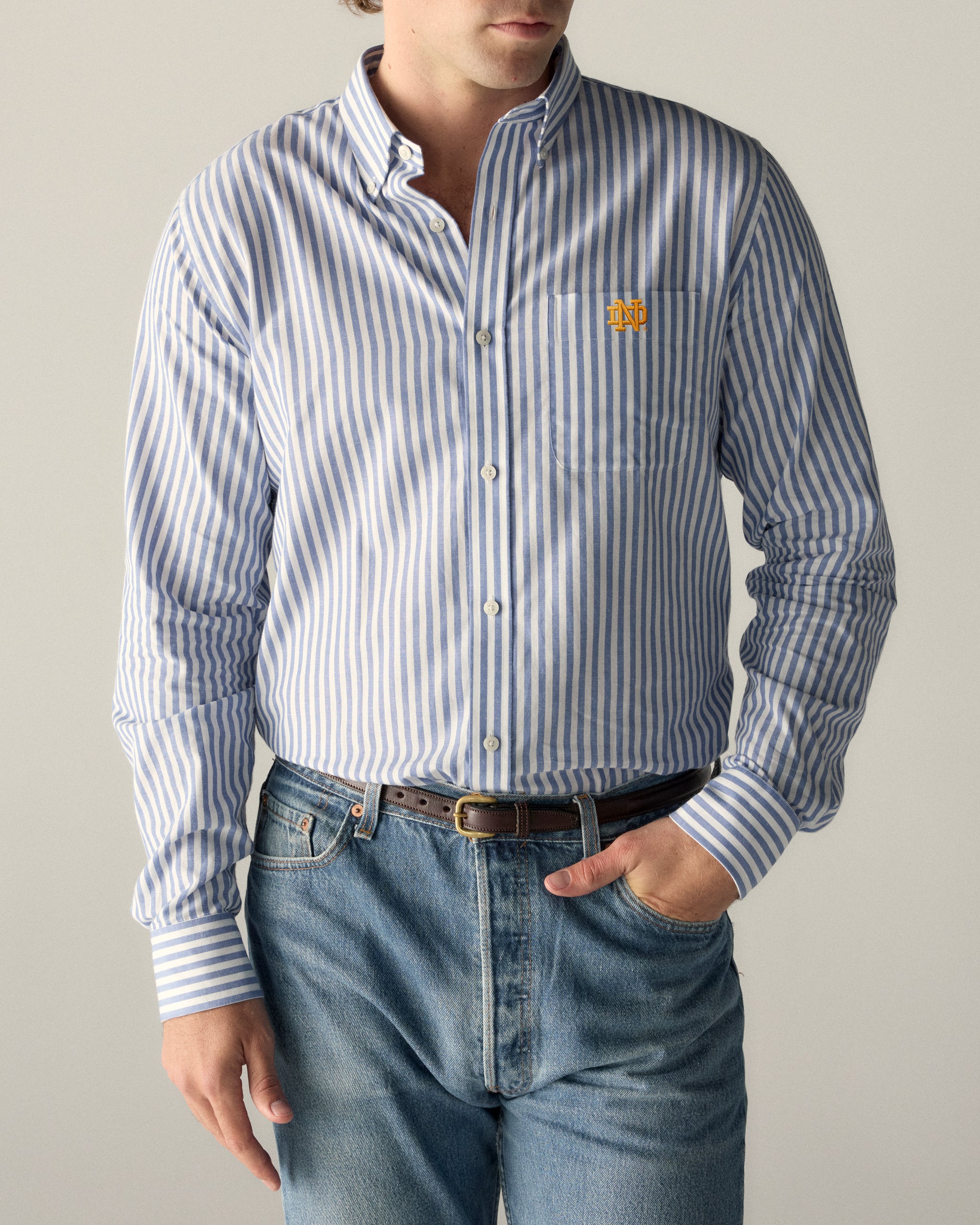 Men's blue and white striped cotton poplin shirt with gold collegiate logo, casual fit, Class Trip | Officially Licensed Collegiate Apparel