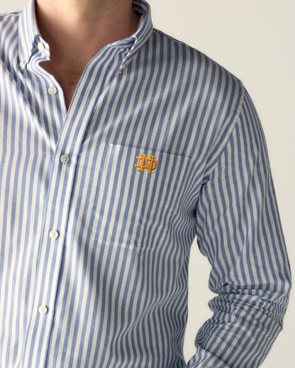 Blue and white striped button-down shirt with collegiate logo on pocket, Class Trip | Officially Licensed Collegiate Apparel