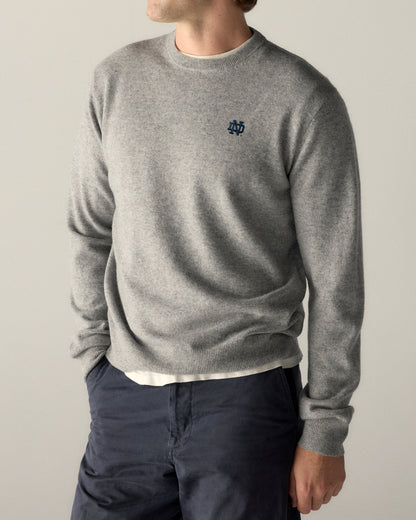 Men's grey merino crewneck sweater with embroidered collegiate logo, casual outfit. Class Trip | Officially Licensed Collegiate Apparel