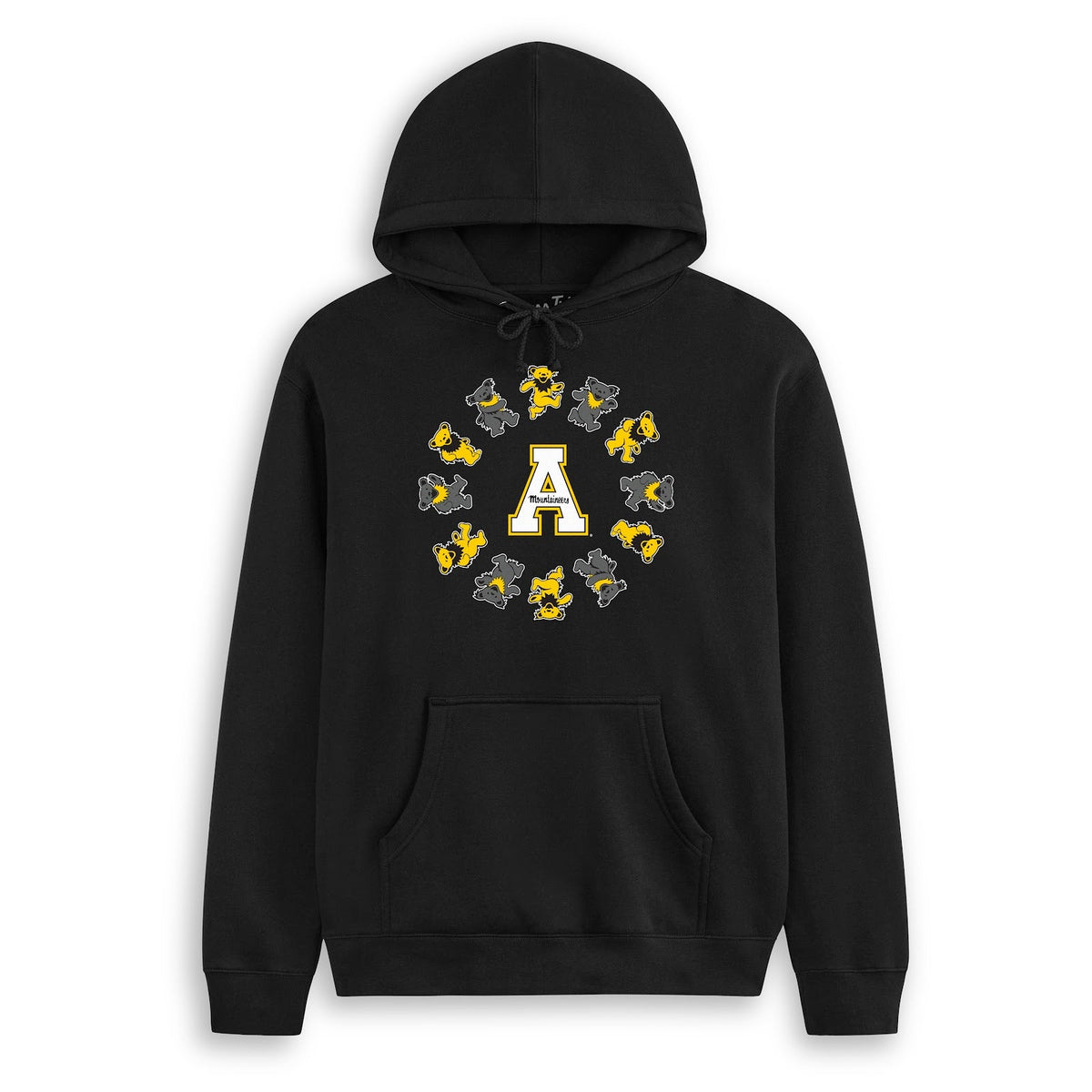 Front flat lay of the Black Appalachian State x Grateful Dead Circle Bears Hoodie. Class Trip | Higher Education