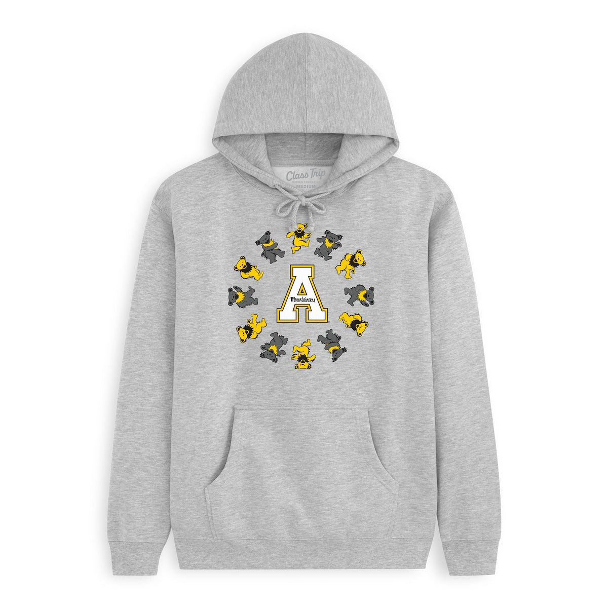 Front flat lay of the Heather Grey Appalachian State x Grateful Dead Circle Bears Hoodie. Class Trip | Higher Education