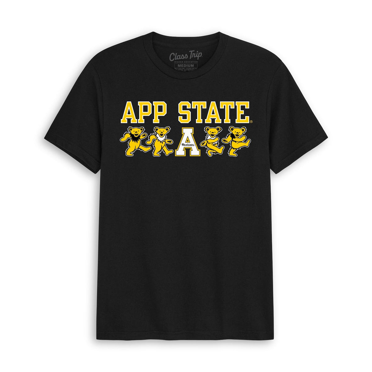 Front flat lay of the Black Appalachian State x Grateful Dead Mascot Bears Tee. Class Trip | Higher Education