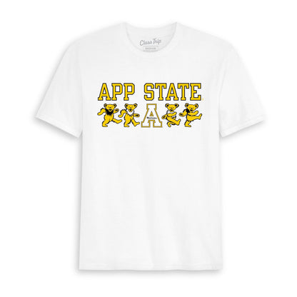 Front flat lay of the White Appalachian State x Grateful Dead Mascot Bears Tee. Class Trip | Higher Education