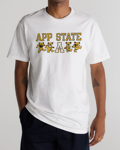 Model wearing the White Appalachian State x Grateful Dead Mascot Bears Tee, front view. Class Trip | Higher Education