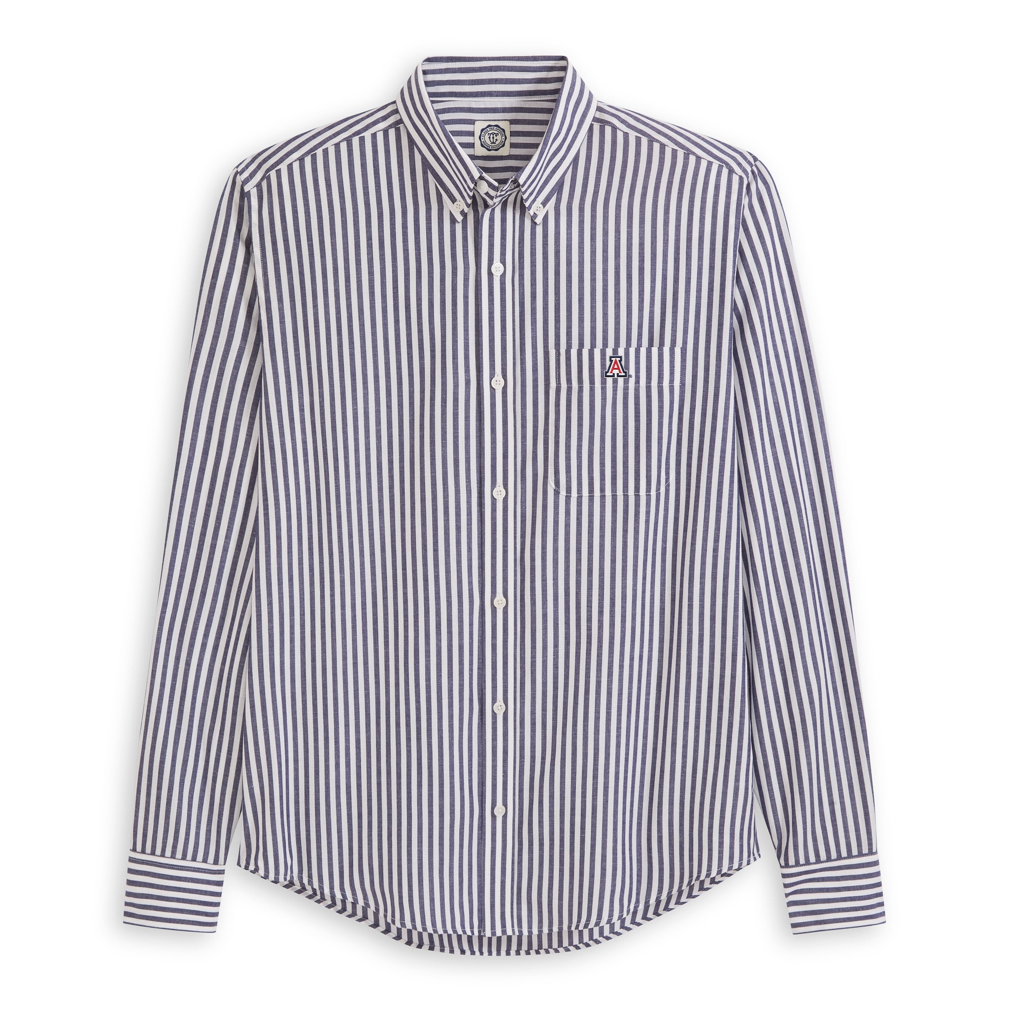 Navy and white striped button-down shirt with Arizona Wildcats logo, Class Trip | Officially Licensed Collegiate Apparel