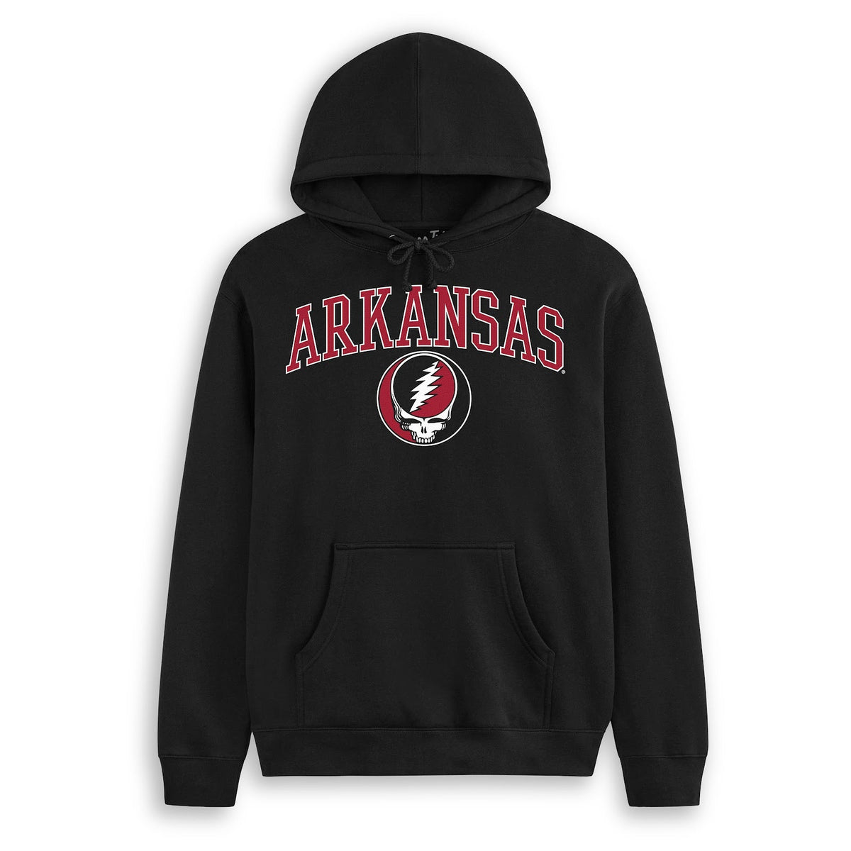 Front flat lay of the Black Arkansas x Grateful Dead Arch SYF Hoodie. Class Trip | Higher Education