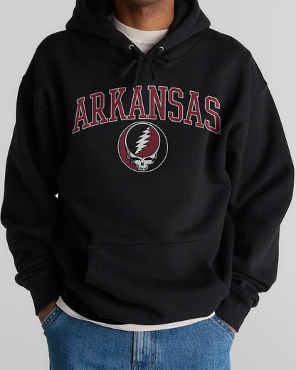 Model wearing the Black Arkansas x Grateful Dead Arch SYF Hoodie, front view. Class Trip | Higher Education