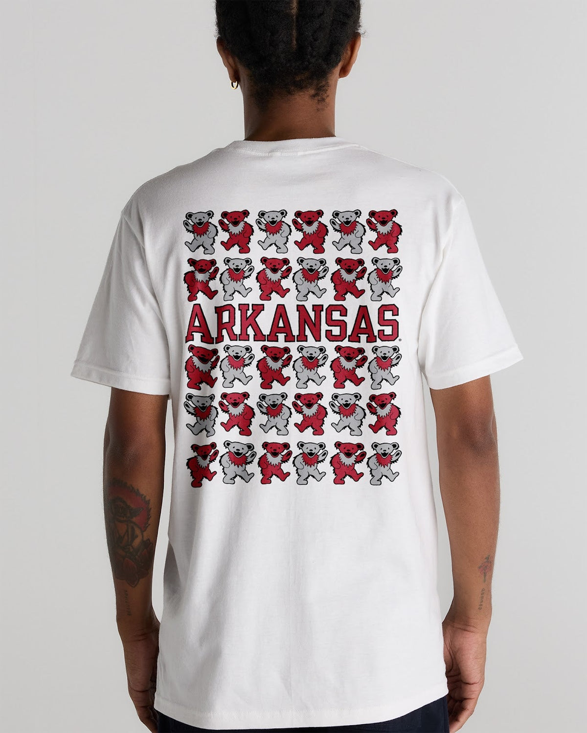 Model wearing the White Arkansas x Grateful Dead Stacked Bears Tee, back view. Class Trip | Higher Education