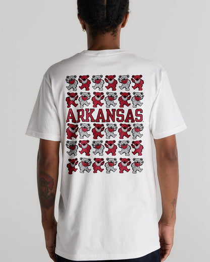 Model wearing the White Arkansas x Grateful Dead Stacked Bears Tee, back view. Class Trip | Higher Education