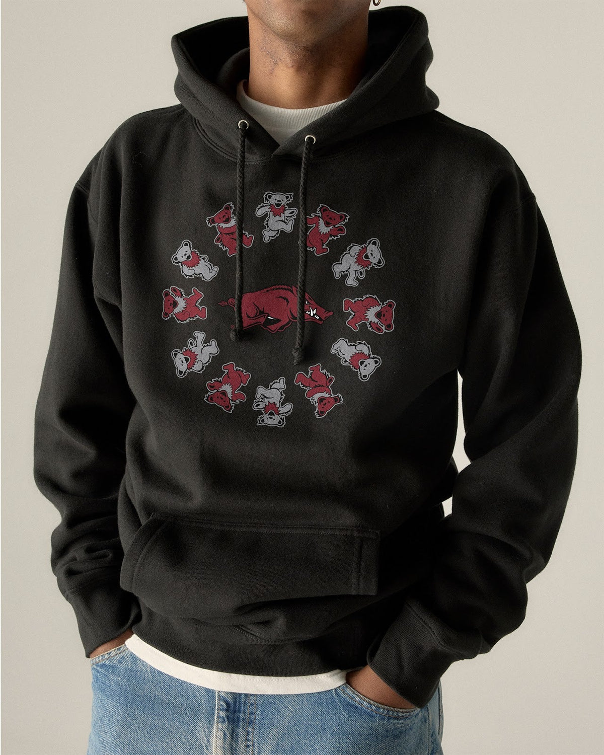 Model wearing the Black Arkansas x Grateful Dead Circle Bears Hoodie, front view. Class Trip | Higher Education
