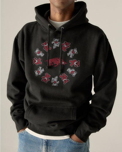 Model wearing the Black Arkansas x Grateful Dead Circle Bears Hoodie, front view. Class Trip | Higher Education