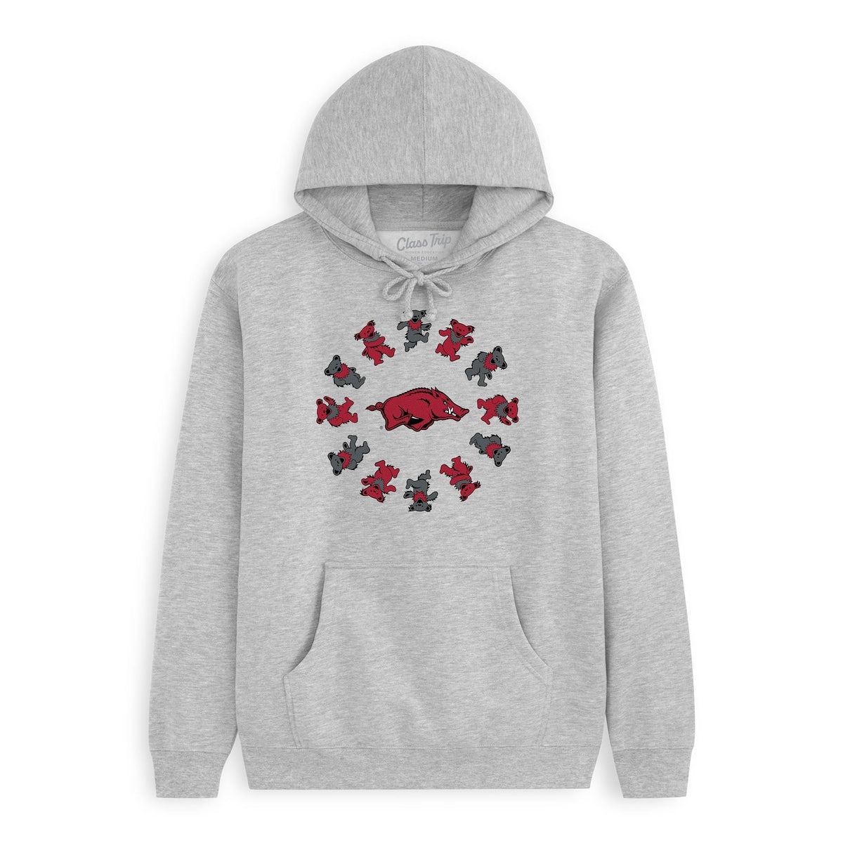 Front flat lay of the Heather Grey Arkansas x Grateful Dead Circle Bears Hoodie. Class Trip | Higher Education