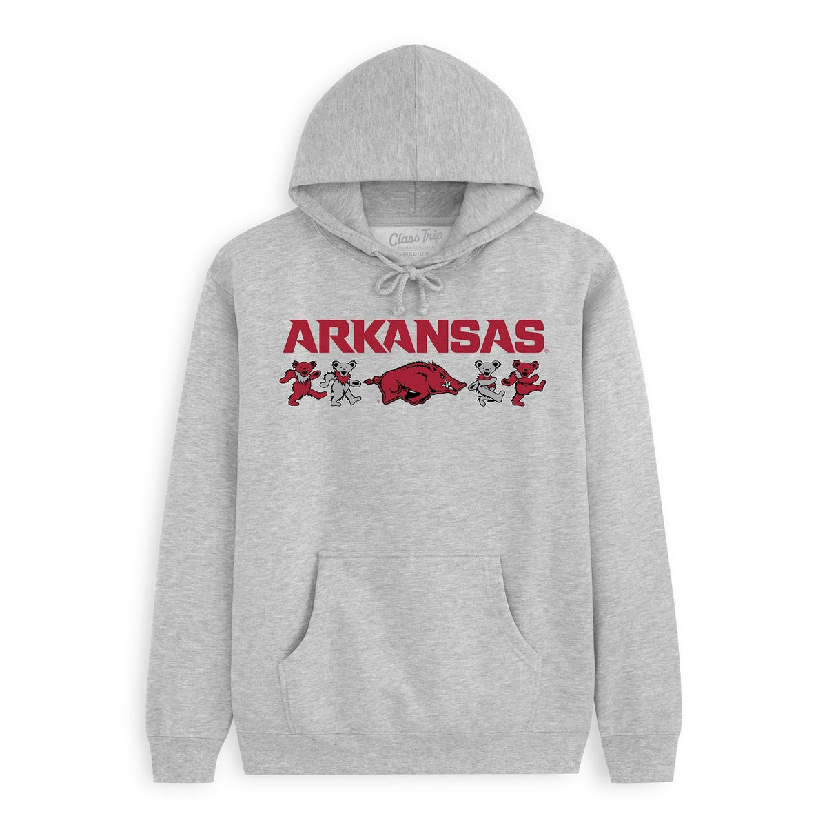 Front flat lay of the Heather Grey Arkansas x Grateful Dead Mascot Bears Hoodie. Class Trip | Higher Education