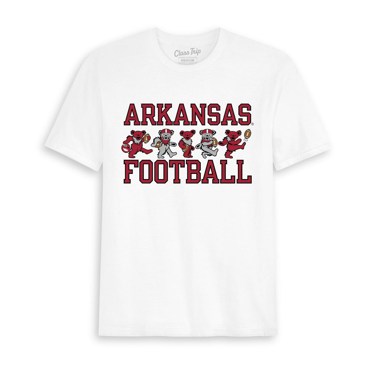 Front flat lay of the White Arkansas x Grateful Dead Football Bears Tee. Class Trip | Higher Education