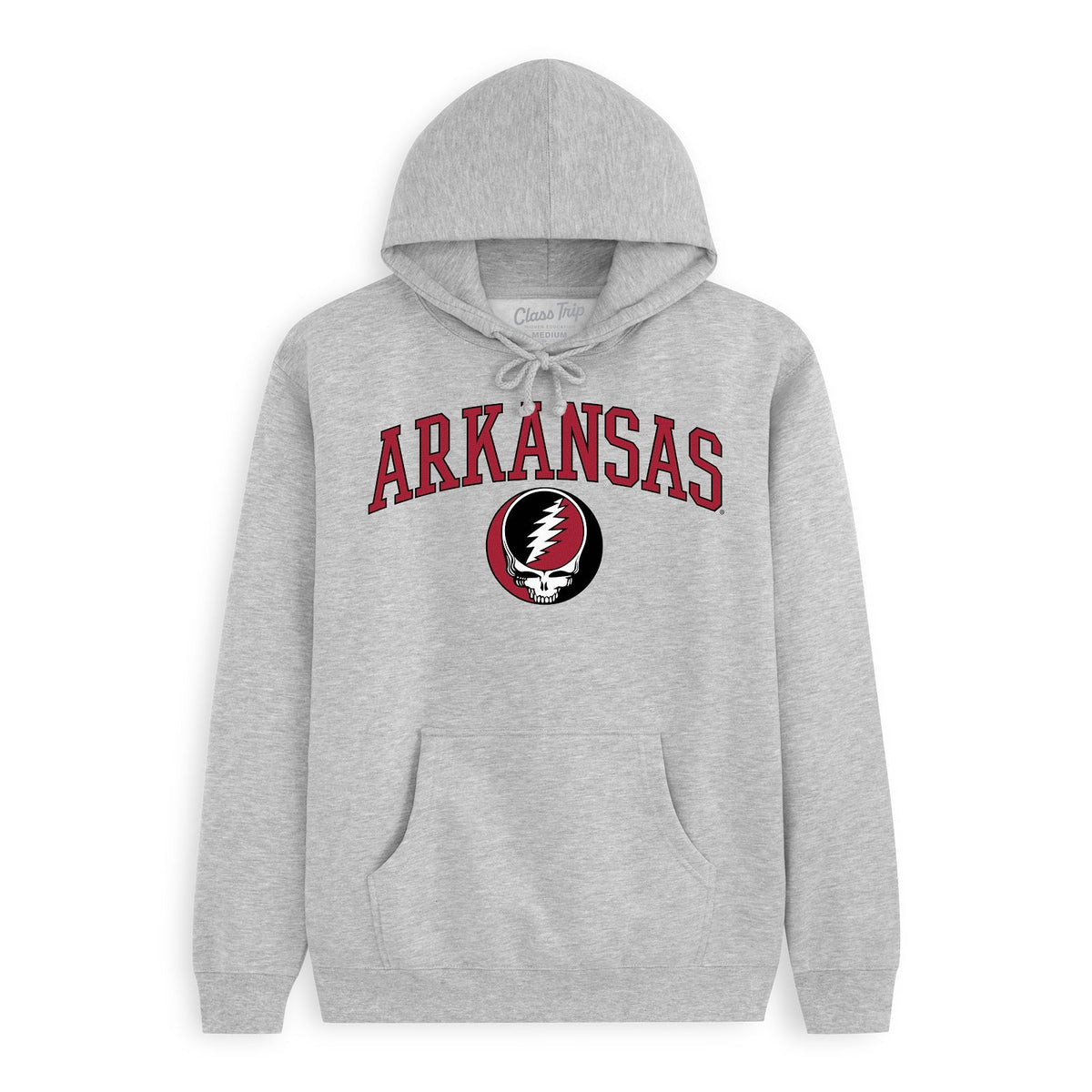 Front flat lay of the Heather Grey Arkansas x Grateful Dead Arch SYF Hoodie. Class Trip | Higher Education