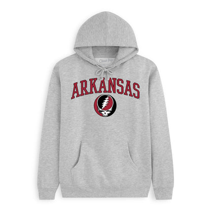 Front flat lay of the Heather Grey Arkansas x Grateful Dead Arch SYF Hoodie. Class Trip | Higher Education