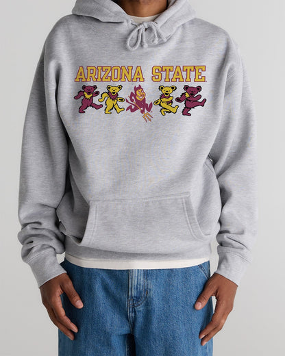 Model wearing the Heather Grey Arizona State x Grateful Dead Mascot Bears Hoodie, front view. Class Trip | Higher Education