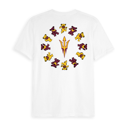 White Class Trip tee with Arizona State pitchfork and dancing bears. Arizona State x Grateful Dead Circle Bears Tee Class Trip | Higher Education