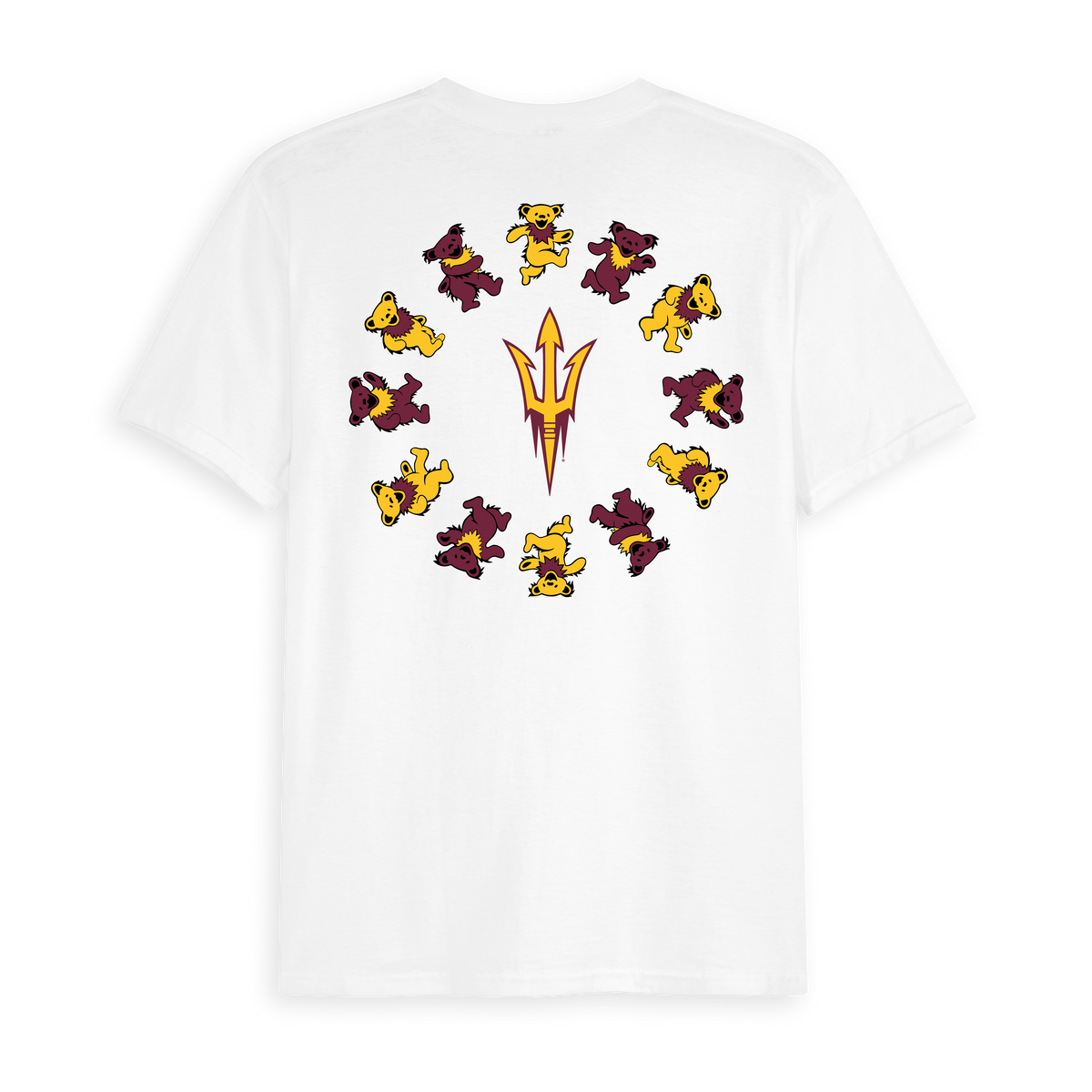 White Class Trip tee with Arizona State pitchfork and dancing bears. Arizona State x Grateful Dead Circle Bears Tee Class Trip | Higher Education