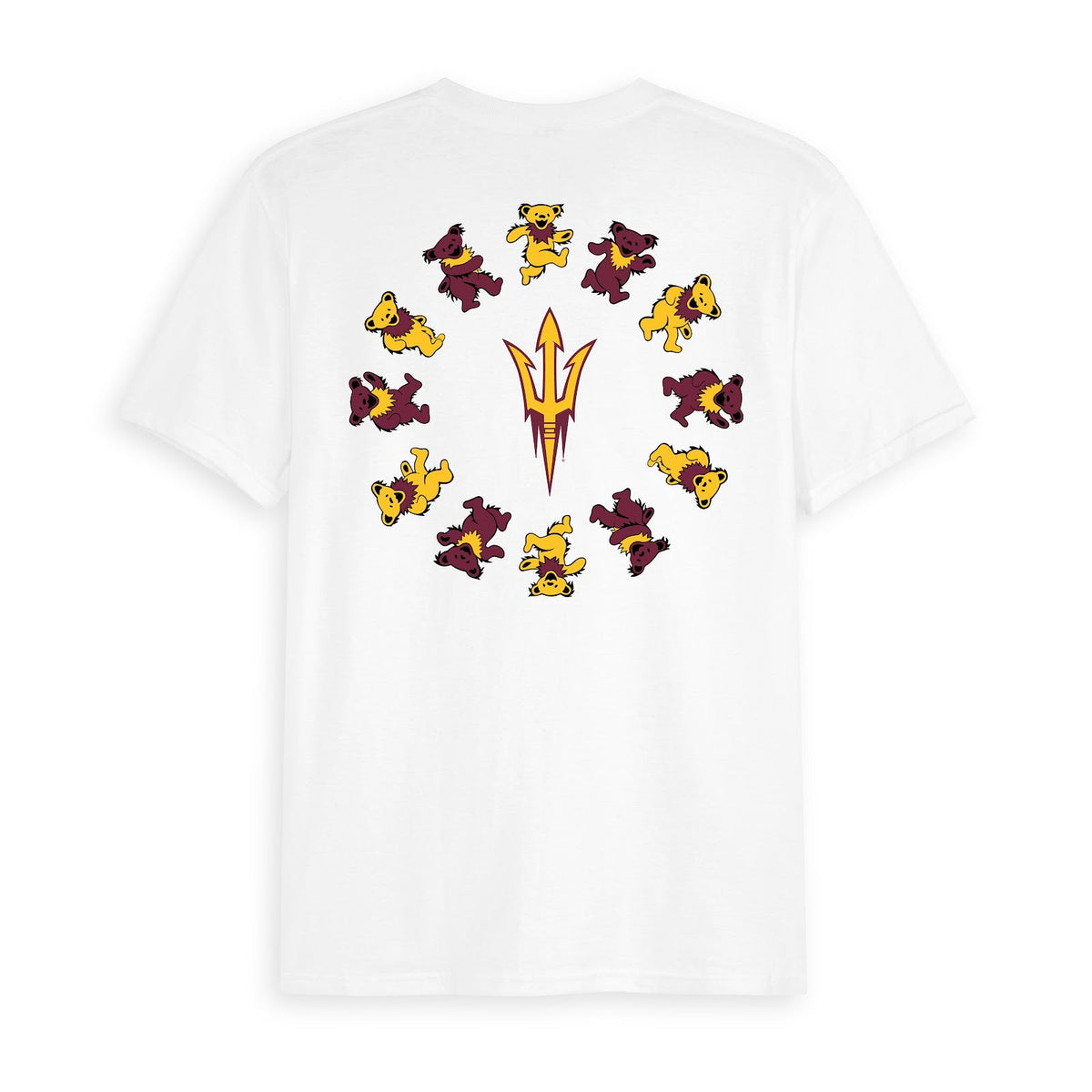 White Class Trip tee with Arizona State pitchfork and dancing bears. Arizona State x Grateful Dead Circle Bears Tee Class Trip | Higher Education