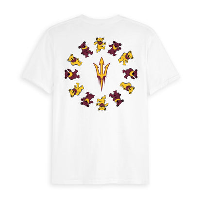 White Class Trip tee with Arizona State pitchfork and dancing bears. Arizona State x Grateful Dead Circle Bears Tee Class Trip | Higher Education
