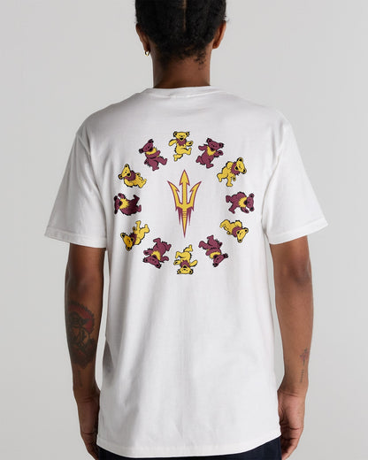 Model wearing the White Arizona State x Grateful Dead Circle Bears Tee, back view. Class Trip | Higher Education
