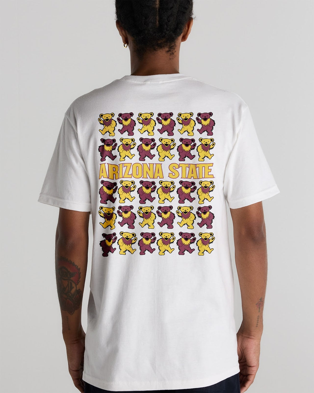 Model wearing the White Arizona State x Grateful Dead Stacked Bears Tee, back view. Class Trip | Higher Education