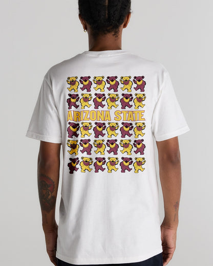 Model wearing the White Arizona State x Grateful Dead Stacked Bears Tee, back view. Class Trip | Higher Education