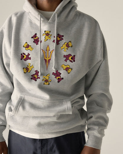 Model wearing the Heather Grey Arizona State x Grateful Dead Circle Bears Hoodie, front view. Class Trip | Higher Education