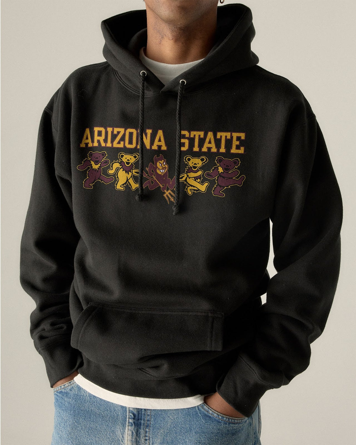 Model wearing the Black Arizona State x Grateful Dead Mascot Bears Hoodie, front view. Class Trip | Higher Education
