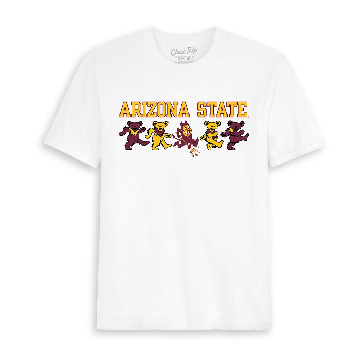 White Class Trip t-shirt featuring Arizona State text and dancing bears. Arizona State x Grateful Dead Mascot Bears Tee Class Trip | Higher Education