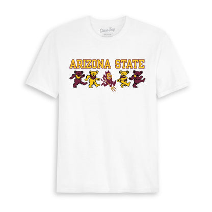 White Class Trip t-shirt featuring Arizona State text and dancing bears. Arizona State x Grateful Dead Mascot Bears Tee Class Trip | Higher Education