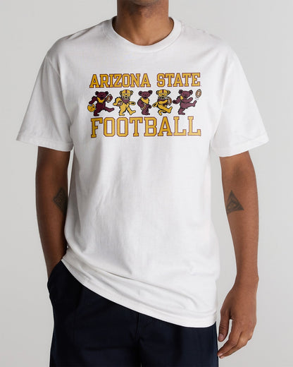 Model wearing the White Arizona State x Grateful Dead Football Bears Tee, front view. Class Trip | Higher Education